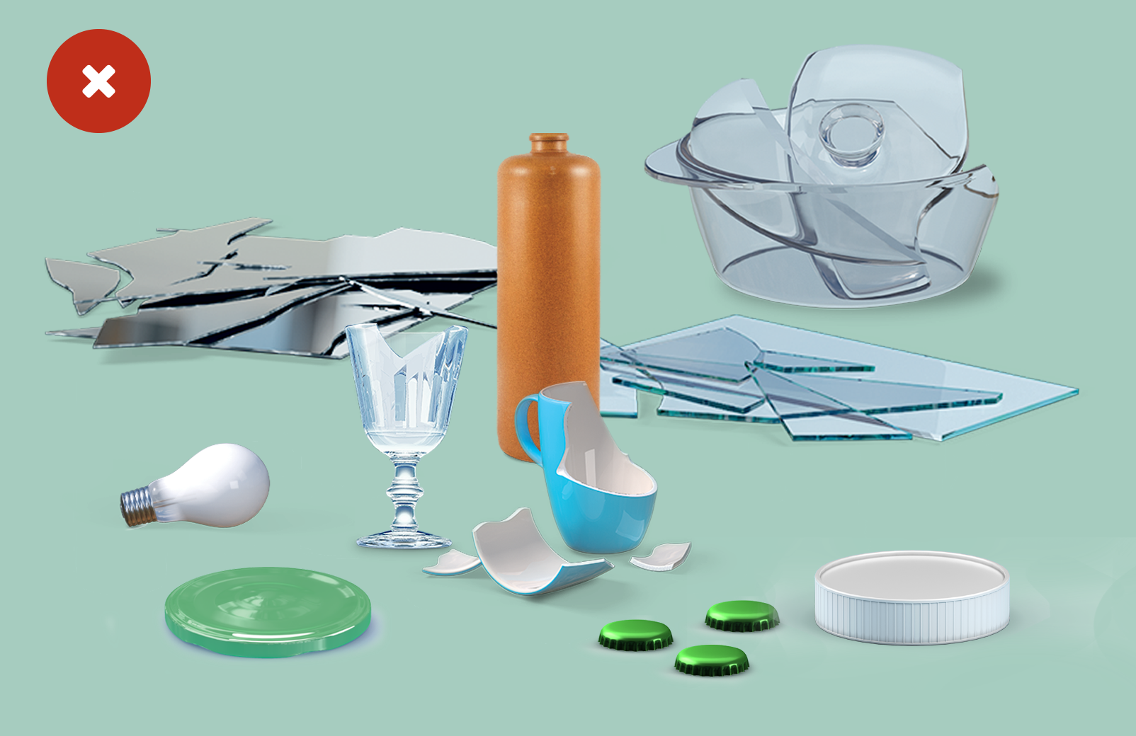 kapot glas, kristalglas, terracotta, hittebestendig glas, spiegels, vlak glas, lampen, deksels en doppen